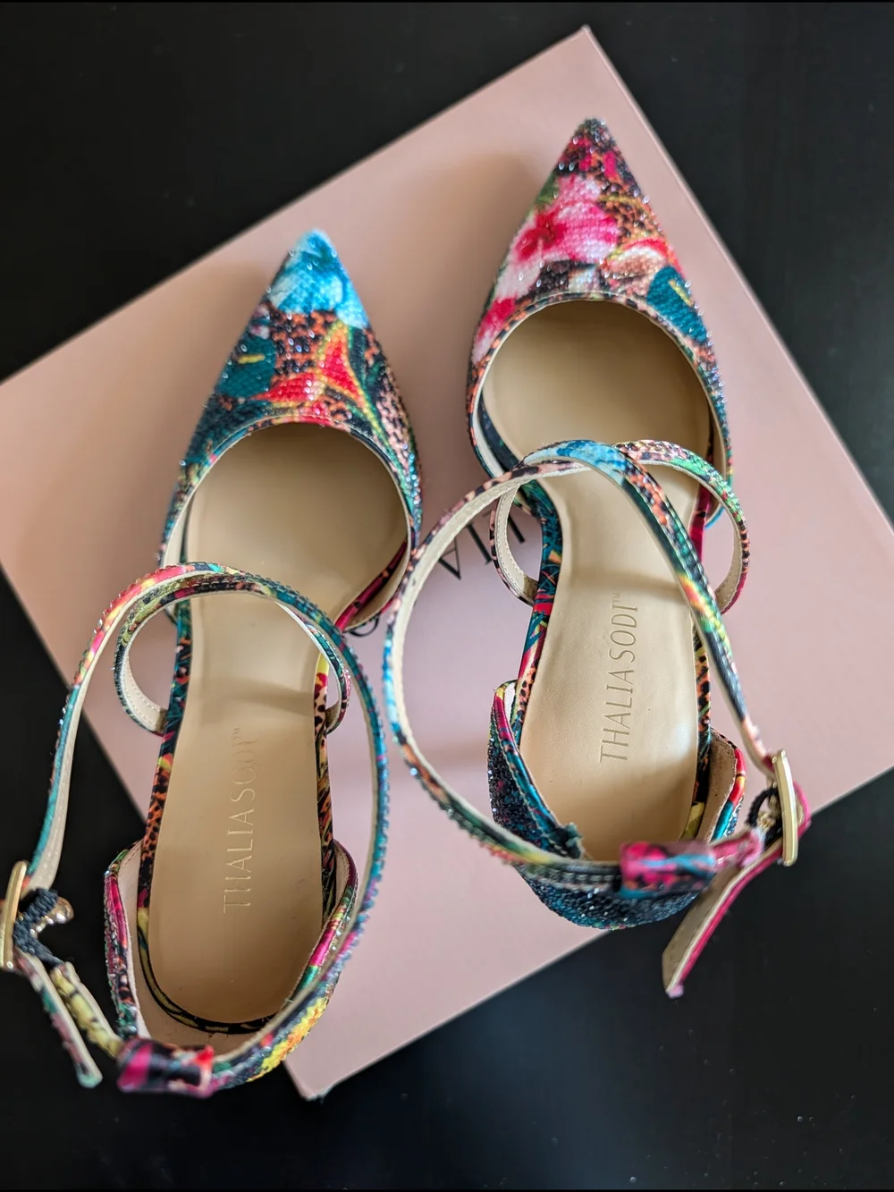 Thalia Sodi Colorful Floral Cross-Strap Emblished Heels SZ  6 NEW IN BOX